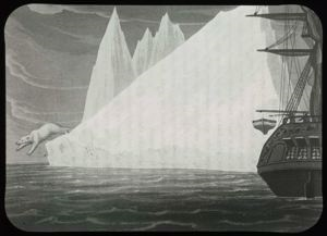 Image of Polar Bear Jumping From Berg, Ship in Melville Bay, Illustration